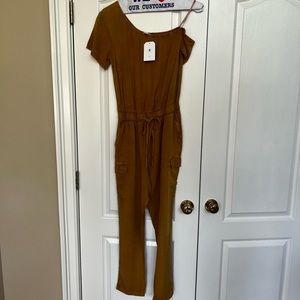 NWT Mustard off one shoulder lightweight jumpsuit